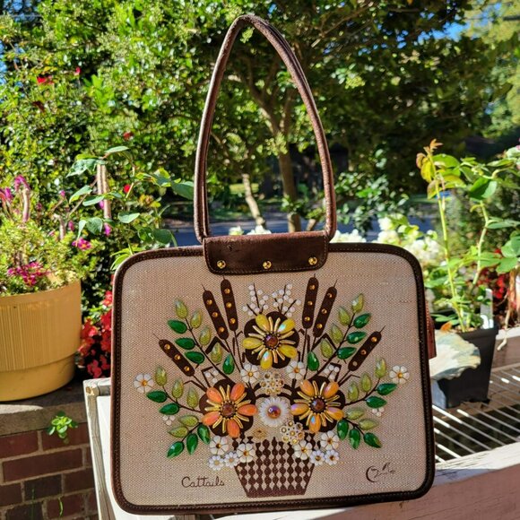 Enid Collins Cattails Bejeweled Handbag Orange Yellow White Flowers Rhinestones - Picture 3 of 16